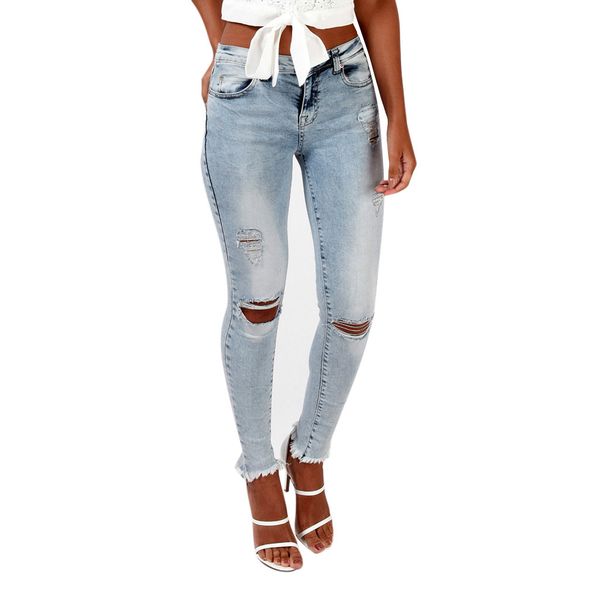 

fashion ripped jeans for women ripped button hole zipper pocket trousers jeans mujer casual denim pants spodnie damskie 2019 #c8, Blue