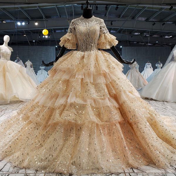 

2020 evening guest dress with cathedral train high neck half puff sleeve sequin tiered elegant woman evening ceremony clothes robe soiree, Black;red