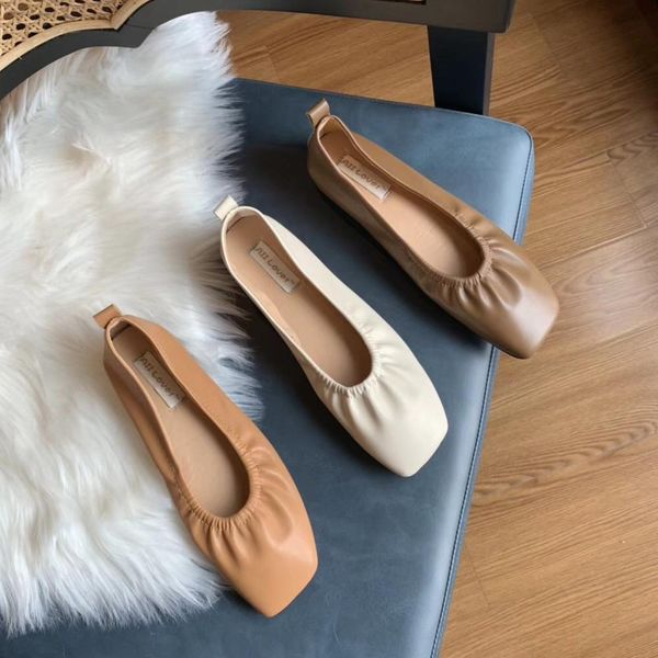

square toe ballet flat shoes elastic band pleated leather shallow grandma shoes soft soled cozy pregnant women new loafers, Black