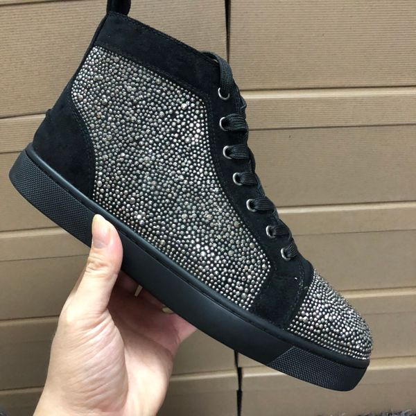 

net red autumn and winter red bottom shoes mens high-rhinestone studded shoes leather shoes lovers casual sports, Black