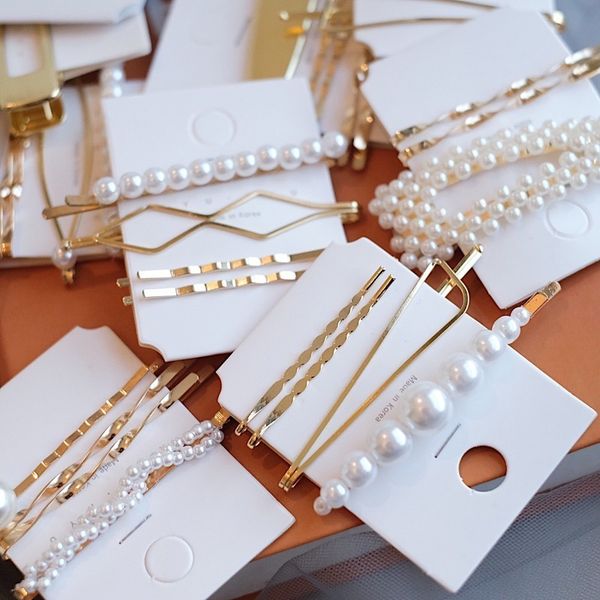 

2019 new women barrettes set korean simulated pearl gold hair clip hairgrips hair accessories girls jewelry fashion pins, Golden;white