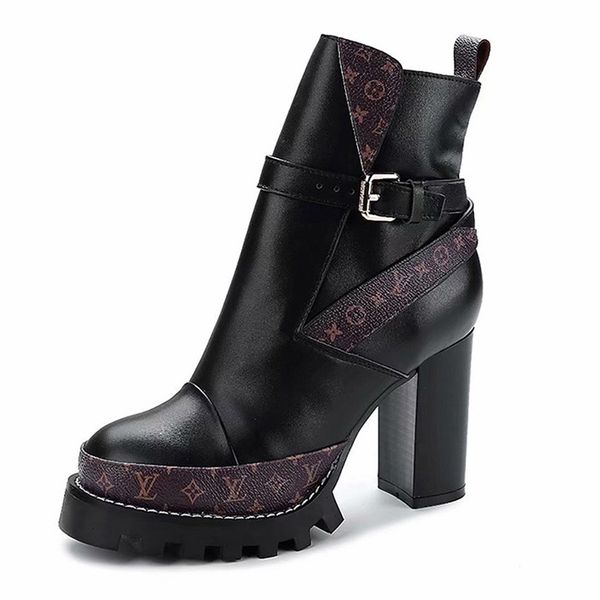 

europe and america autumn and winter super high-heeled platform thick with ankle boots female classic round head belt buckle martin boot, Black