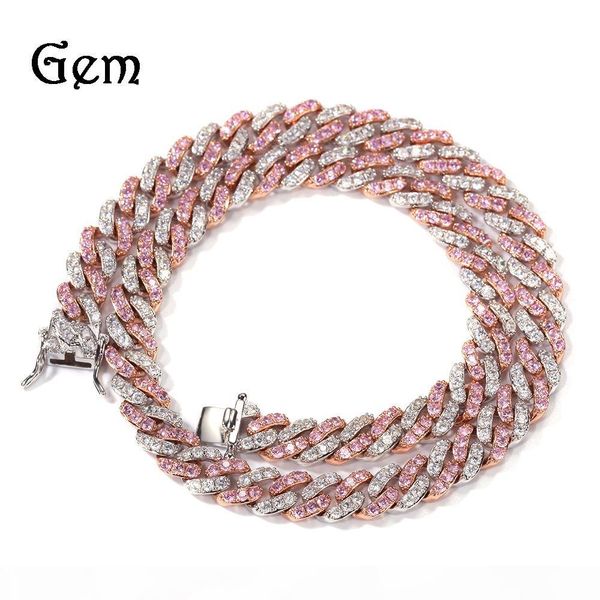 

uwin 9mm iced out women choker necklace silver rose gold cuban link with white &pink cubic zirconia chain jewelry