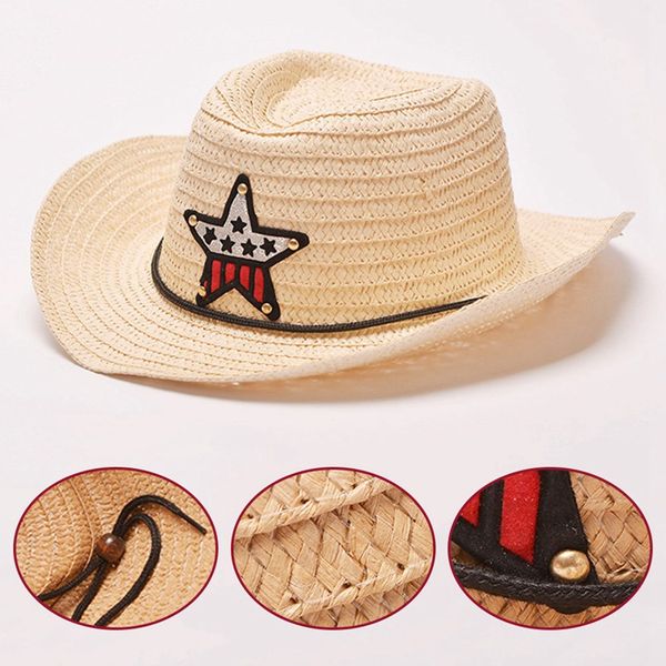 

8 colors outdoor boy cowboy hat summer cute star straw hat for boys girls children's star patch sun hat cute kids cap, Blue;gray