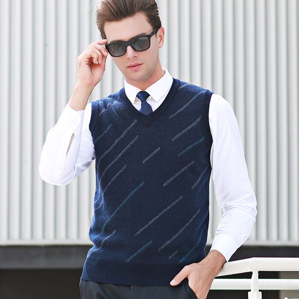 

macrosea 100% wool winter men's v-neck sleeveless knitting vest men's formal striped sweaters male's clothing 8159, Black;white