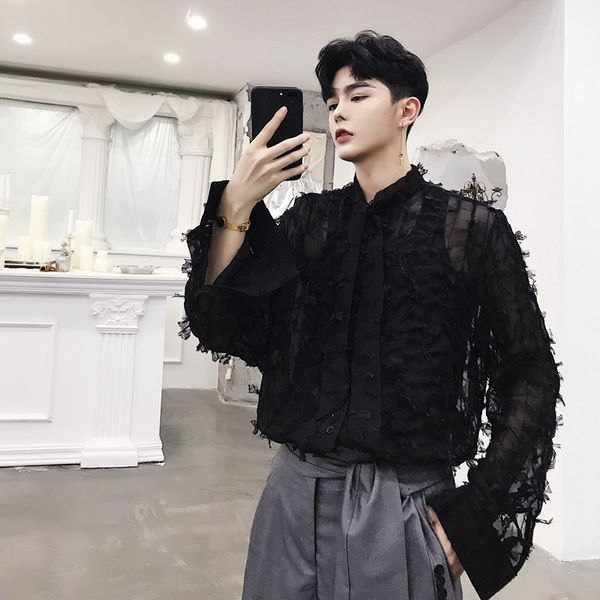 

men translucent fashion casual long sleeve harajuku male vintage fluffy tassels loose party dress shirts stage clothing, White;black