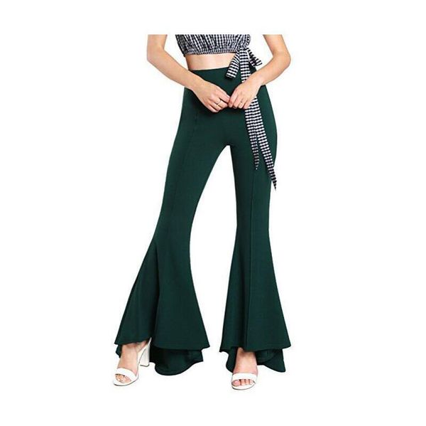 

2019 women solid flare pants ruffles ruffle wide leg pants summer vintage high waist, Black;white