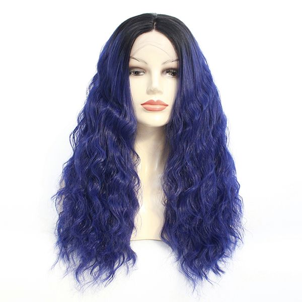 

fashion deep wave lace front synthetic wig loose curly lace front hair long ombre blue pink wig for black women natural hairline