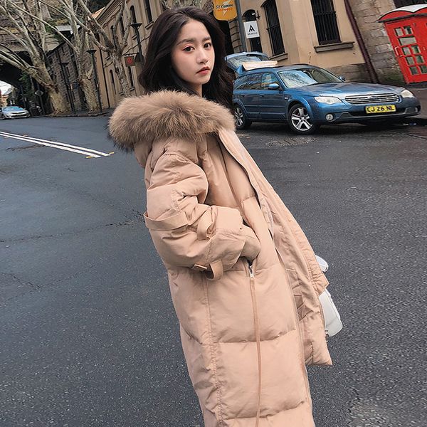 

down padded middle school long knee length 2019 winter new real wool collar cotton padded student coat loose jacket trend, Black