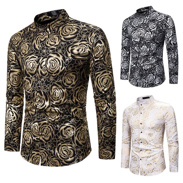 

men's new style style personality long sleeve gold stamping printed business slim shirt european and american sizes xxl, White;black