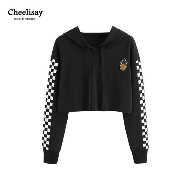 

pineapple printing hoodies sweatshirts harajuku crew neck sweats women clothing feminina loose short fleece jumper sweats warm, Black