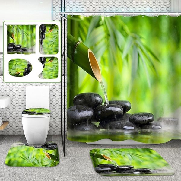 

70.8x70.8 inches flowing water bamboo printing shower curtain toilet cover mat non-slip rug set waterproof polyester fiber bath curtain set