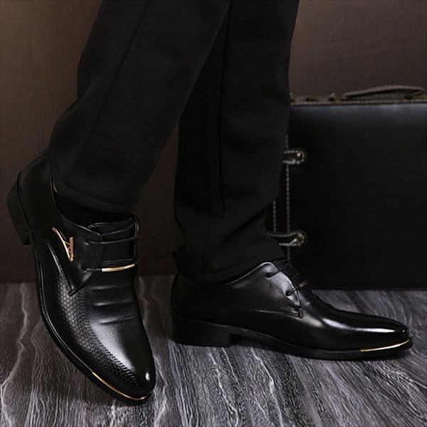 

men work business dress shoes lace-up breathable comfortable patent leather pointed toe genuine leather rubber wear-resisting, Black