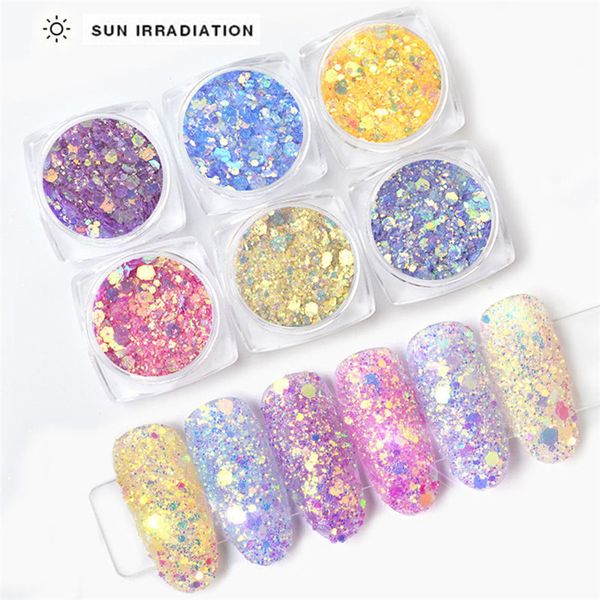 

glitter nail art decoration 6pcs multicolor optical chameleon mirror powder diy dust nail art glitter chrome pigment decoration, Silver;gold