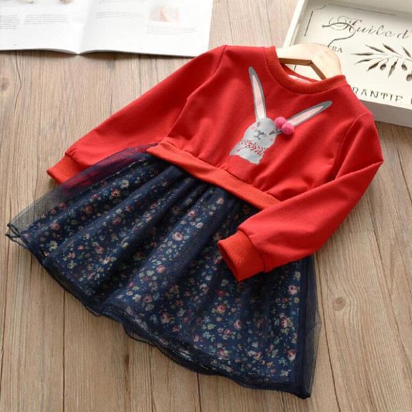 

child wear 2020 spring girl clothes cartoon jacket mesh princess dress floral mosaic mini dress 3-7 quality kids clothing, Red;yellow