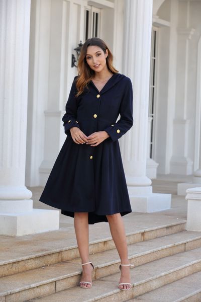 

winter women designer blends fashion england style slim defined hooded long coats fashion casual womens outerwear, Black