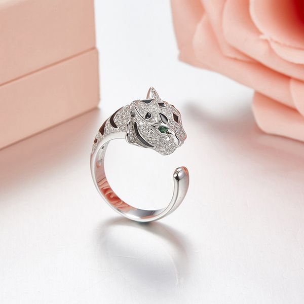 

solid 925 sterling silver green eyes leopard cuff finger ring paved zircon panther animal ring women wedding party jewelry, Golden;silver