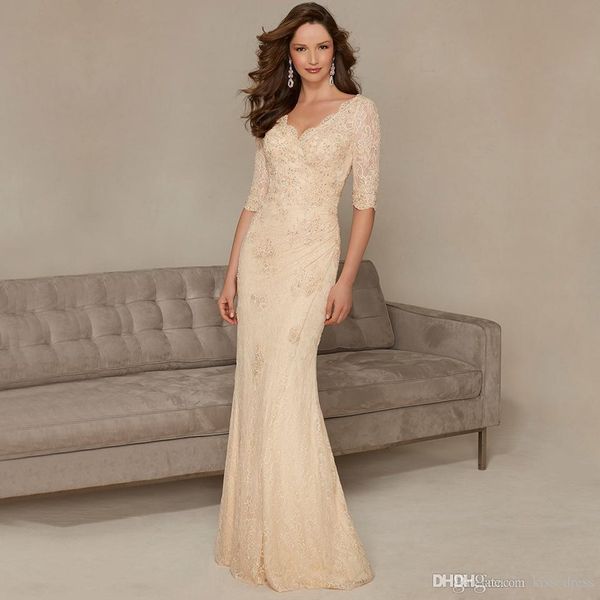 

2016 new champagne mother of the bride dresses long elegant beaed sequined pleats v-neck mermaid style half sleeve lace formal gowns m101, Black;red