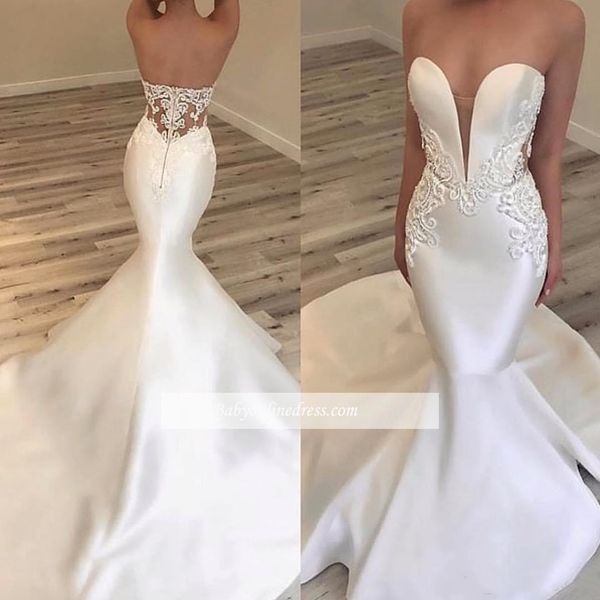 

2020 современные атласная русалка свадебные платья белый милая сексуальная аппликациями монтажн длинные свадебные платья дешевые платья, White