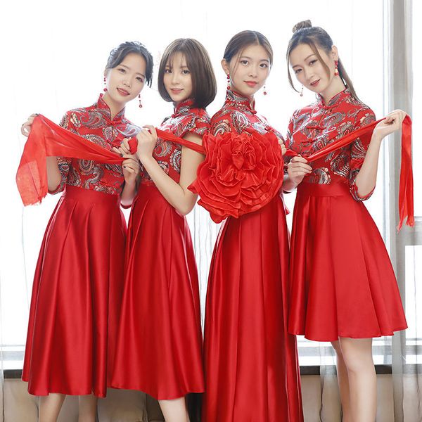 

chinese traditional women wedding bridesmaid dress elegant red cheongsam summer flower vestidos plus size lady qipao xs-3xl