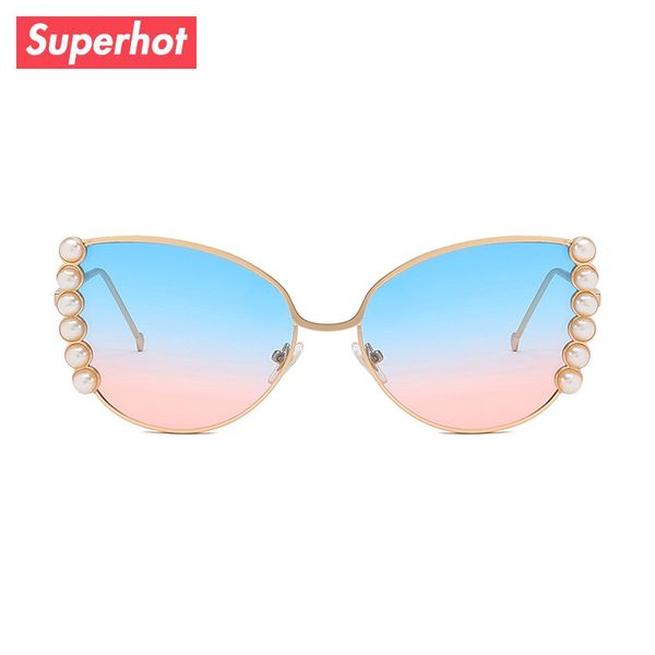 

new fashion cat eye women sunglasses elegant pearl inlaid sunglasses ladies metal frame sun glasses for women, White;black