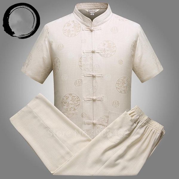 

summer linen short sleeve set men male chinese traditional tang suit vintage costume buckle embroidery casual shirt pants outfit, Red