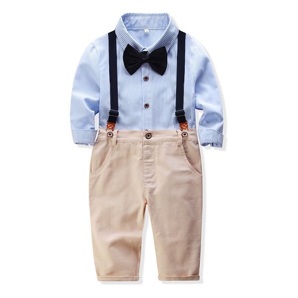 

2019 autumn boys cotton bow striped long sleeve shirts +bib pants suit kids outwear party gift fashion gentleman clothes set, White