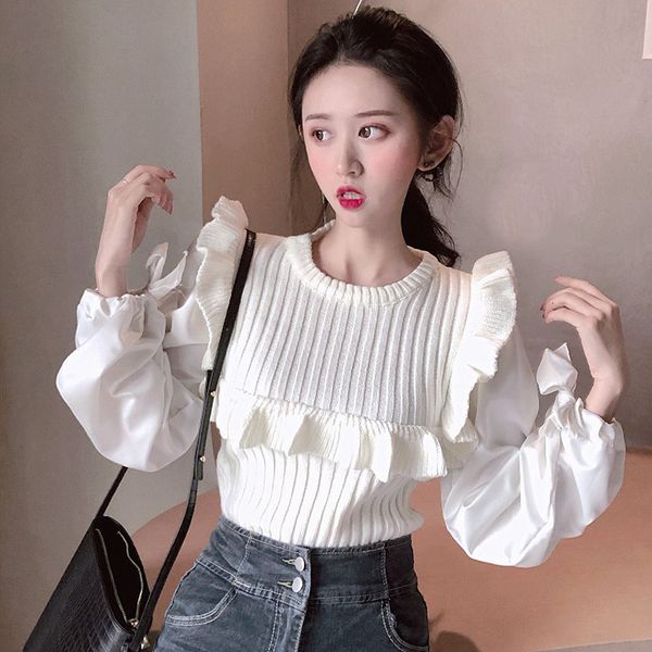 

elegant women sweaters o-neck long sleeve patchwork ruffles pullover sweater jumper autumn winter crop sweaters pull femme, White;black