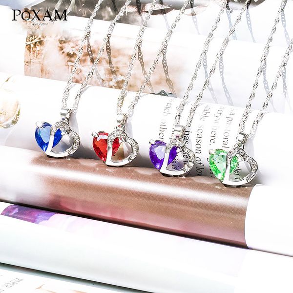 

poxam fashion dainty heart colorful crystal pendant necklace for women girl statement wedding party cute romantic choker jewelry, Silver