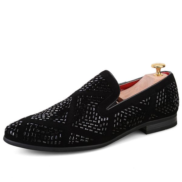 

2019 men fashion loafer shoes party dress casual rhinestone pointed toe flat breathable party dress shoes plus size 38-48, Black