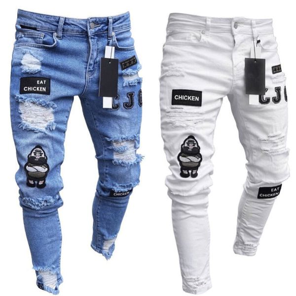 

мужские прохладный дизайнерская бренд black jeans кожа да кости рваного разрушаемого stretch slim fit hop hop брюки с отверстиями для мужчин, Blue