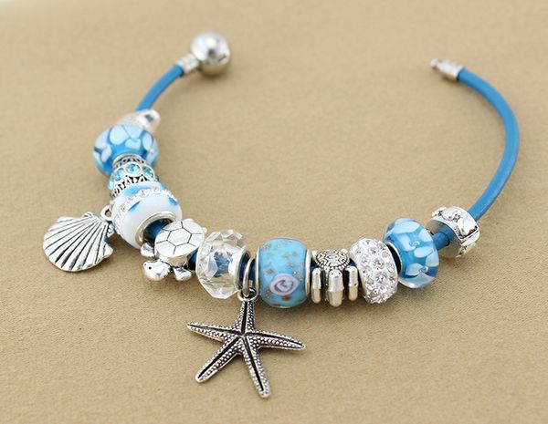 Atacado-esferas de marca de moda de luxo DIY contas brancas pulseira azul de couro cordão pingente estrelas do mar para as mulheres amor