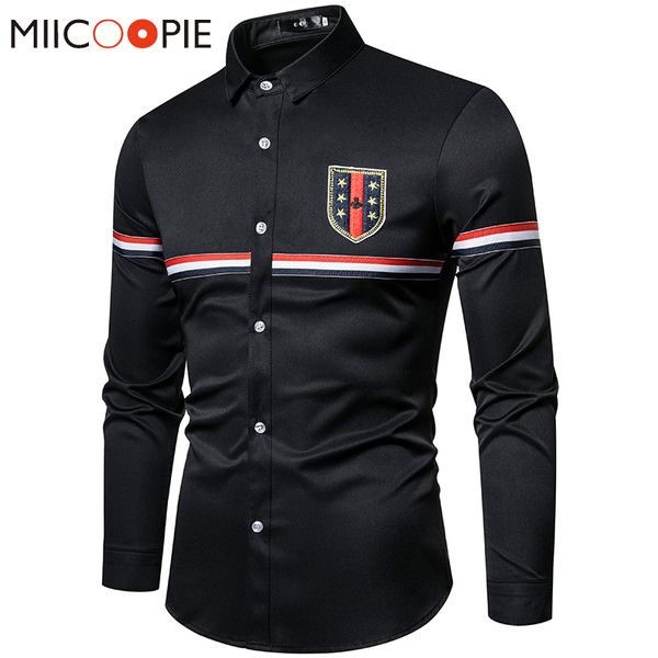 

badge embroidery shirts men dress new long sleeve slim fit blusas social masculino striped patchwork business white shirt s-5xl, White;black
