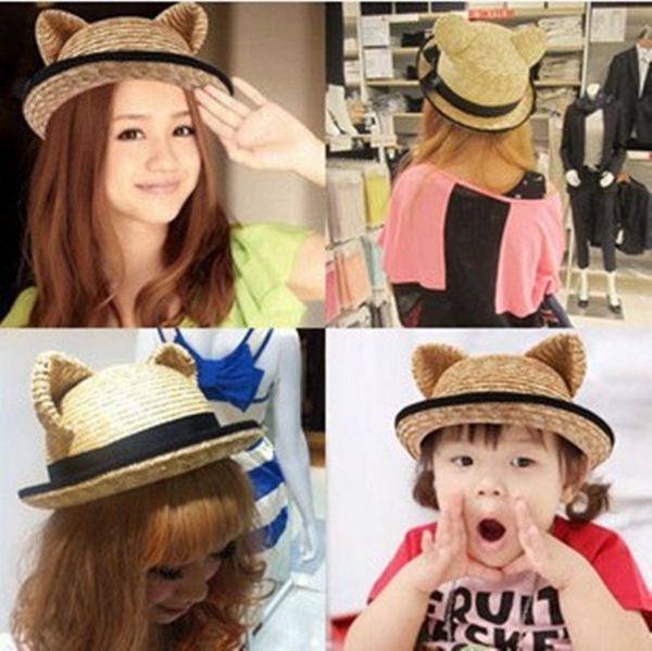 

cute parent cat ear cat straw curled straw round hat sun hat, Blue;gray