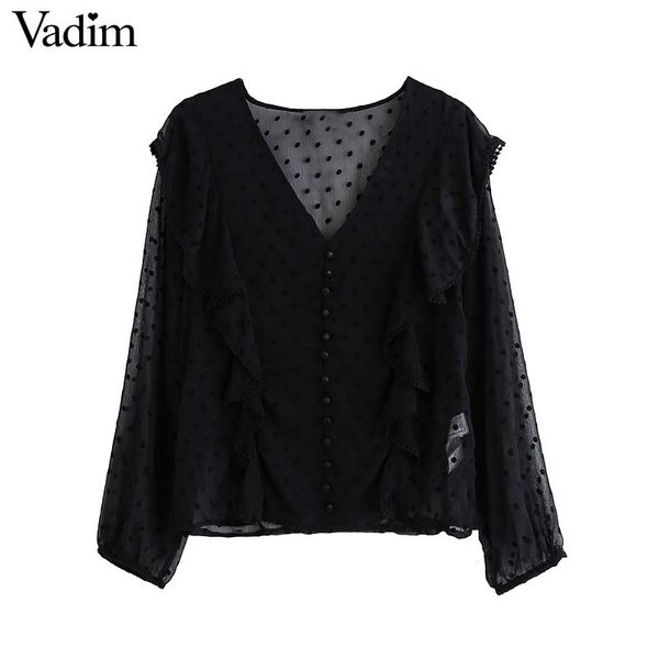 

vadim women stylish ruffles black blouse long sleeve see through female casual shirts office wear solid chic blusas lb497, White
