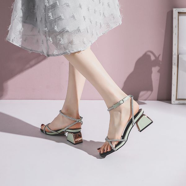 

round toe 2020 sandals female shoe pvc shoes block heels med open women's rhinestone ladies plastic summer chunky fashion, Black