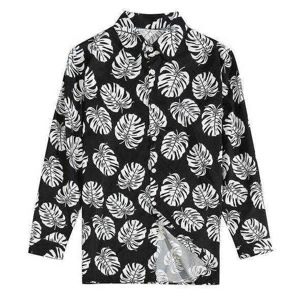 

leaves print casual shirt men button short sleeve lapel neck camisa fashion hawaiian shirt men streetwear, White;black