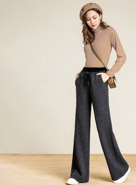 

women pants women trousers winter women warm thick wide leg pants gray lace up polyester thicken pants highwaist stretch palazzo pencil, Black;white
