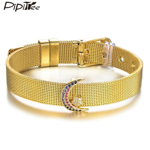 

pipitree multicolor cubic zirconia moon and star charm bracelet femme lovers jewelry stainless steel wrist bracelets for women, Golden;silver