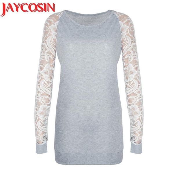 

sweatshirt fashion womens casual lace long sleeve crop o-neck pullover blouse sweatshirt female 40#, Black