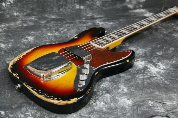 

handmade relic jb electric bass guitar big bridge cover sunburst color