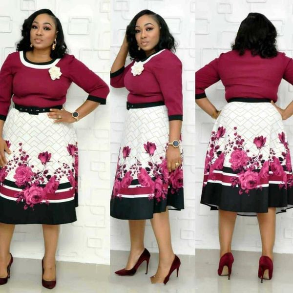 

2019 novelty elegant autumn african women print large size knee-length dress l-3xl, Red
