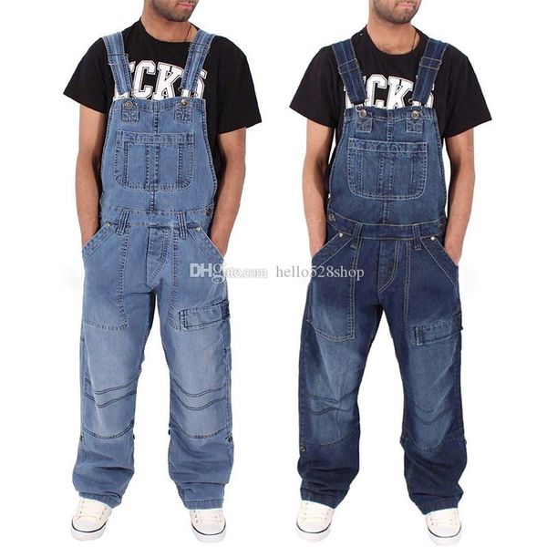 

mens denim bib streetwear pocket suspender pants stylish multi pocket loose denim overall jumpsuit trousers pantalones hombre, Blue