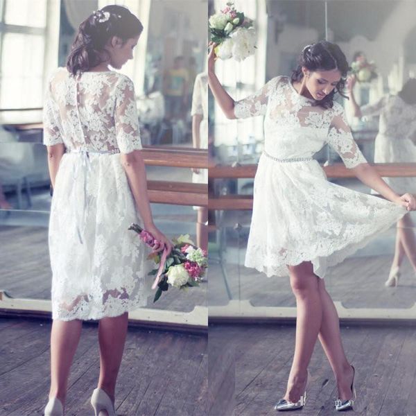 

Sexy Short Beach Wedding Dresses With Sleeves Lace Sheer Handmade Bridal Gowns Free Shipping Vestidos De Novia