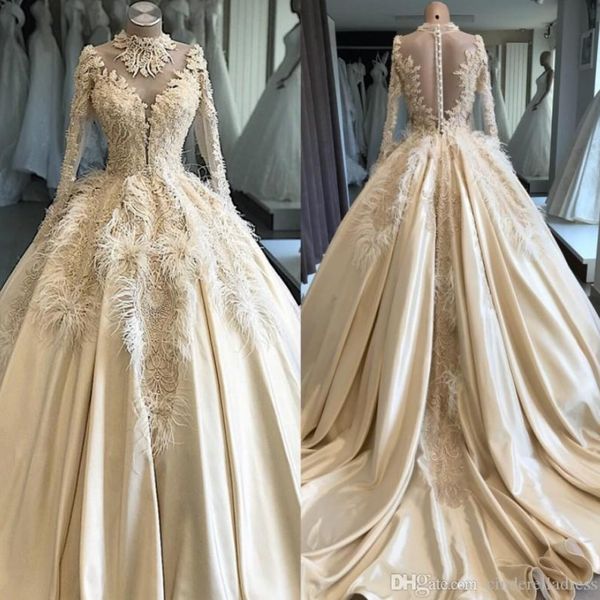 

elegant luxury customized lace feathers beading wedding dresses 2020 vintage illusion wedding gowns court train bridal dress robe de mariee