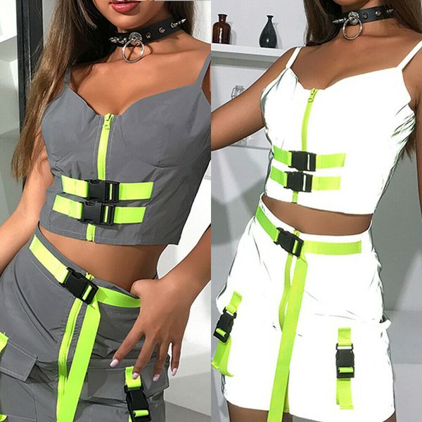 

new style women blouses bodycon reflective zip crop skirt set club wear patchwork casual party fashion 2019, White
