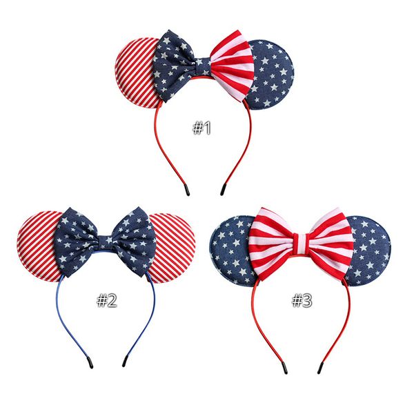

10pcs/lot american flag baby girl bow headband kids mouse ear star stripe hair sticks girls headwear boutique hair accessories, Slivery;white