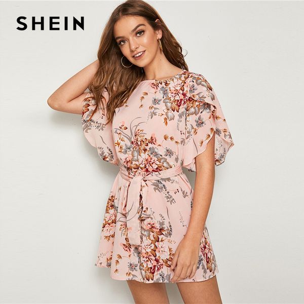 

shein pastel pink split sleeve self belted floral print dress women summer boat neck bohemian ladies straight short dresses, Black;gray