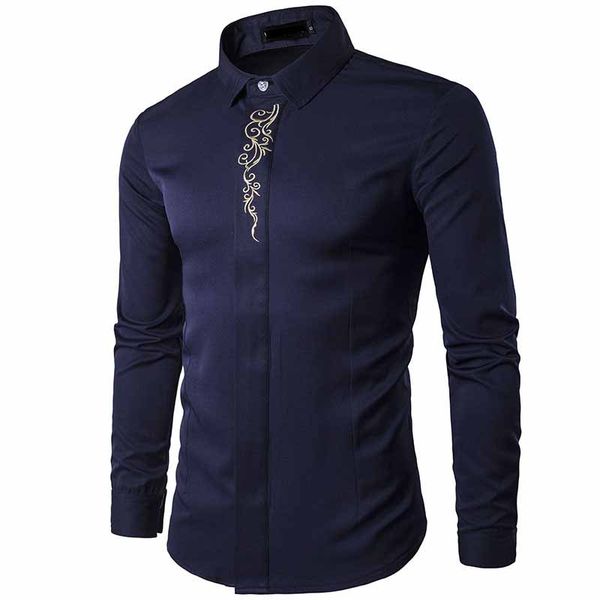 

new 2020 мода весна осень снаряжение высокого класса официанта вышивки отель slim fit скрытой блокировки с длинным рукавом рубашки базовой, White;black