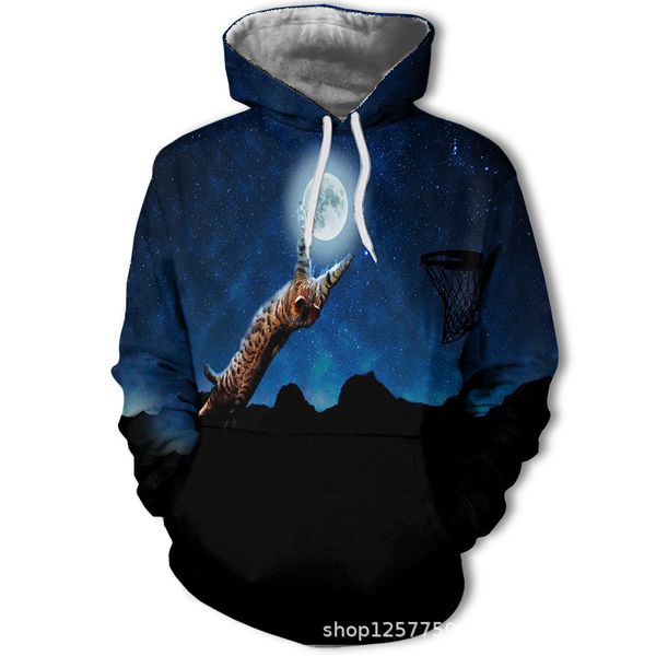 

mens designer 3d dribbling cat digital series printing loose large size hooded sweater, Black